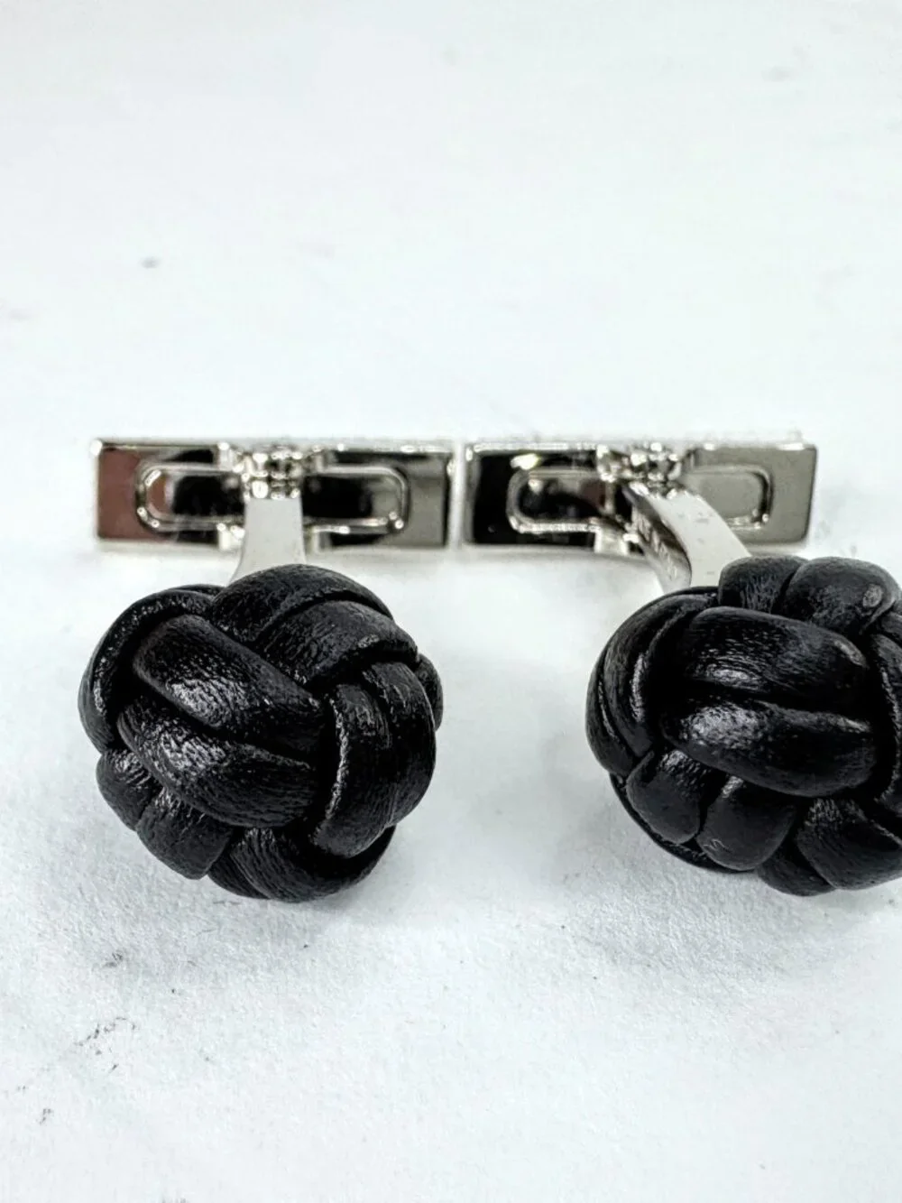 Vintage Hermès Noir Leather Pom-Pom Pompon Knot Cufflinks with Box SS393